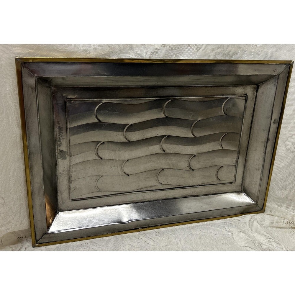Metal Tray‎ Two Tone Silver Gold Faux Bamboo Pattern Made in Mexico